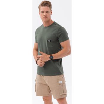 Ombre  Tričká s krátkym rukávom Pánske bavlnené tričko s vreckom - tmavo olivové V4 S1743  viacfarebny