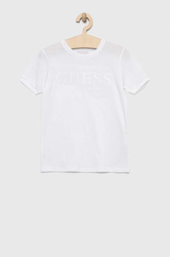 Detské bavlnené tričko Guess biela farba, s nášivkou