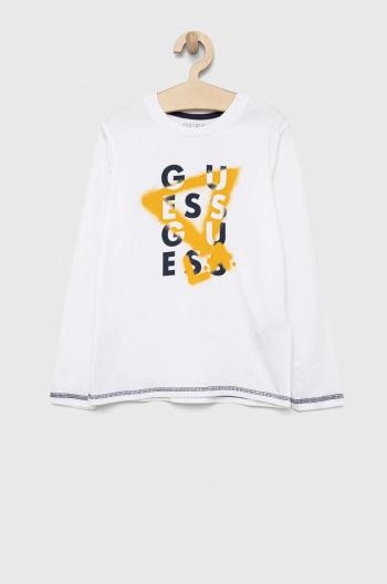 Detská bavlnená košeľa s dlhým rukávom Guess biela farba, s potlačou