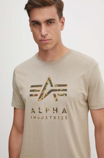 Bavlnené tričko Alpha Industries pánske, béžová farba, s potlačou, 146506