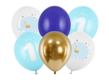 PartyDeco Latexové balóny - Prvé narodeniny sloník modré 6 ks