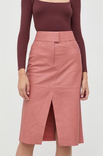 Kožená sukňa Notes du Nord ružová farba, midi, áčkový strih