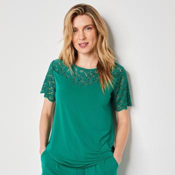 Blancheporte Jednofarebné tričko s čipkou smaragdová 50