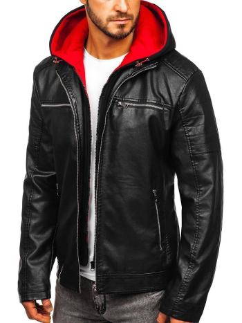 Čiernočervená pánska koženková bunda s kapucňou Bolf 6131