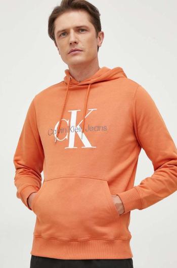 Bavlnená mikina Calvin Klein Jeans pánska,oranžová farba,s kapucňou,s potlačou,J30J320805