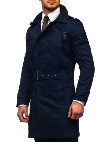 Tmavomodrý pánsky dvojradový trenčkot kabát s vysokým golierom a opaskom Bolf 5569