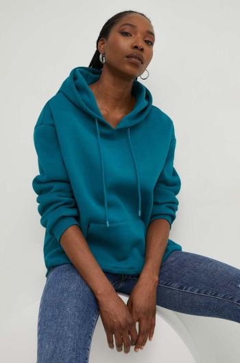 Mikina Answear Lab dámska, tyrkysová farba, s kapucňou, jednofarebná