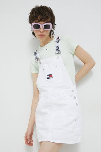 Rifľové šaty Tommy Jeans biela farba, mini, rovný strih