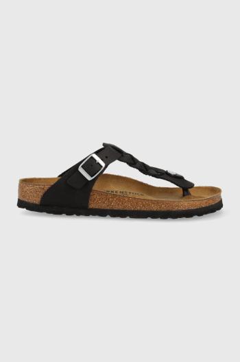 Kožené žabky Birkenstock dámske, čierna farba, na plochom podpätku