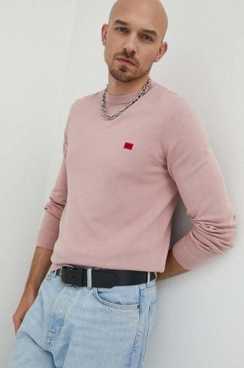 Bavlnený sveter HUGO pánsky, ružová farba, tenký,