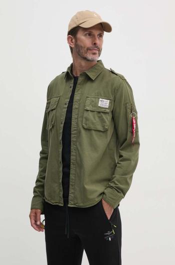 Bavlnená košeľa Alpha Industries pánska, zelená farba, regular, s klasickým golierom, 138420