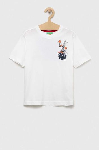 Detské bavlnené tričko United Colors of Benetton x Space Jam biela farba, s potlačou