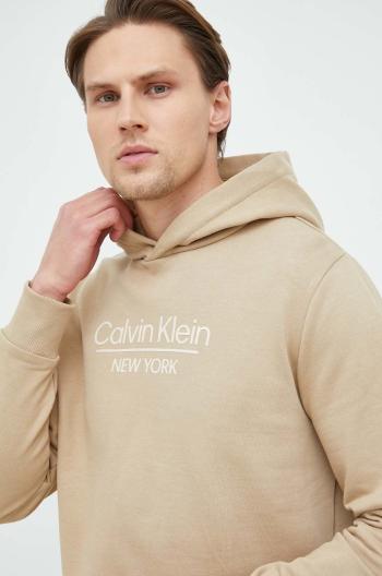 Bavlnená mikina Calvin Klein pánska, béžová farba, s kapucňou, vzorovaná