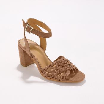 Blancheporte Remienkové kožené sandále na podpätku karamelová 39