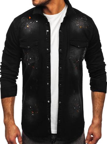 Čierna pánska riflová košeľa s dlhými rukávmi Bolf R706