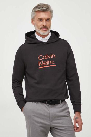 Bavlnená mikina Calvin Klein pánska, čierna farba, s kapucňou, s potlačou