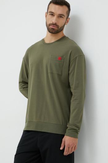 Tričko s dlhým rukávom HUGO pánske, zelená farba, jednofarebné