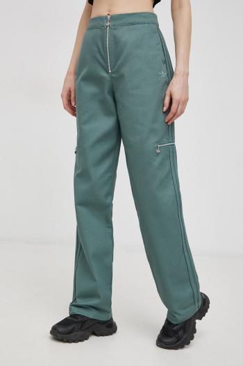Bavlnené nohavice adidas Originals HE4737 dámske, zelená farba, rovné, vysoký pás