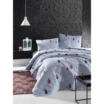 Modrá prikrývka cez posteľ s 2 obliečkami na vankúš z ranforce bavlny EnLora Home Takeme, 225 x 240 cm