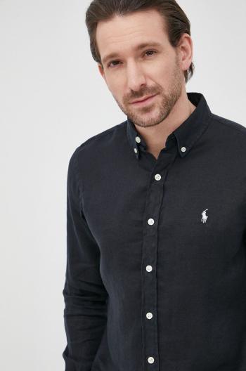 Ľanová košeľa Polo Ralph Lauren pánska, tmavomodrá farba, slim, s golierom button-down