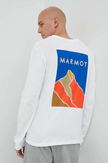 Bavlnené tričko s dlhým rukávom Marmot biela farba, vzorované