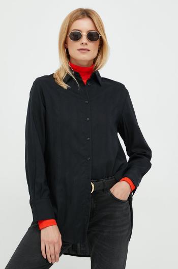 Košeľa Sisley dámska, čierna farba, voľný strih, s klasickým golierom