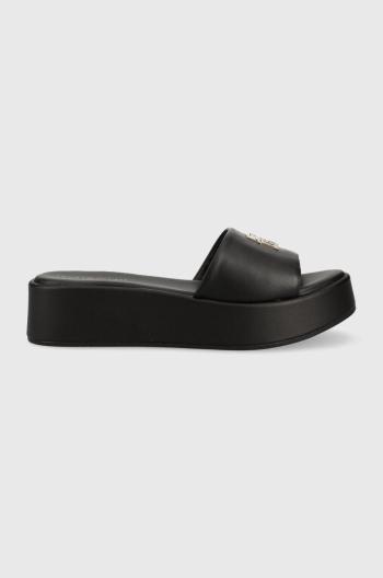 Kožené šľapky Tommy Hilfiger TH SLIP ON SANDAL FLATFORM dámske, čierna farba, na platforme, FW0FW07243