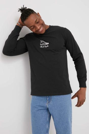Bavlnené tričko s dlhým rukávom Converse čierna farba, s nášivkou
