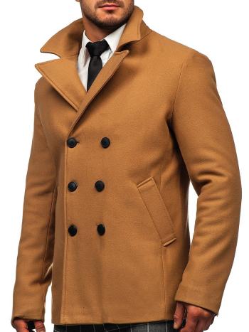 Kamelový pánsky zimný dvojradový kabát s vysokým golierom Bolf 8801