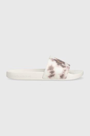 Šľapky Calvin Klein Jeans SLIDE SATIN dámske, biela farba, YW0YW00998