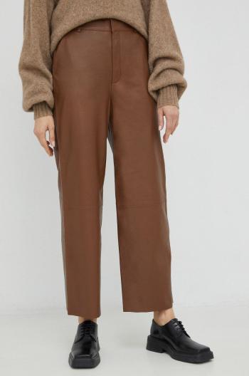 Kožené nohavice Gestuz dámske, hnedá farba, rovné, vysoký pás