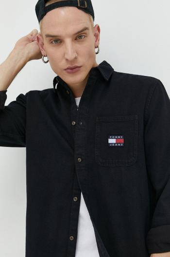 Rifľová košeľa Tommy Jeans pánska, čierna farba, regular, s klasickým golierom