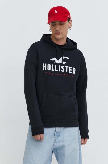 Mikina Hollister Co. pánska, čierna farba, s kapucňou, s nášivkou