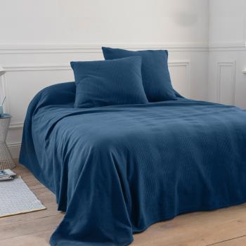 Blancheporte Jednofarebný tkaný prehoz na posteľ, bavlna modrá obliečka na vankúš 65x65cm