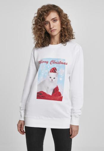 Mr. Tee Ladies Merry Christmas Cat Crewneck white - S