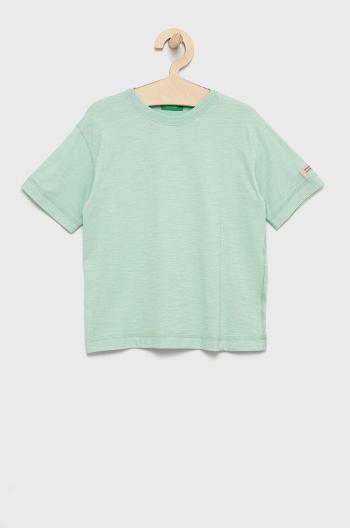 Detské bavlnené tričko United Colors of Benetton zelená farba, jednofarebný