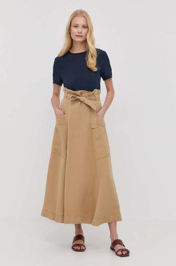 Ľanová sukňa MAX&Co. béžová farba, midi, áčkový strih