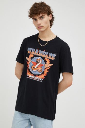 Bavlnené tričko Wrangler čierna farba, s potlačou
