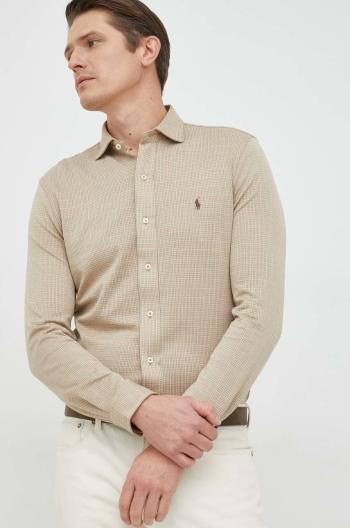 Bavlnená košeľa Polo Ralph Lauren pánska, béžová farba, regular, s klasickým golierom