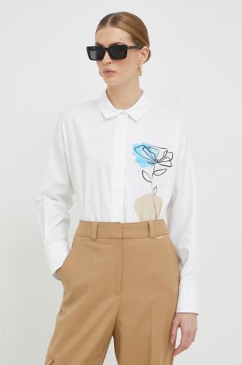 Bavlnená košeľa Marella dámska, biela farba, voľný strih, s klasickým golierom