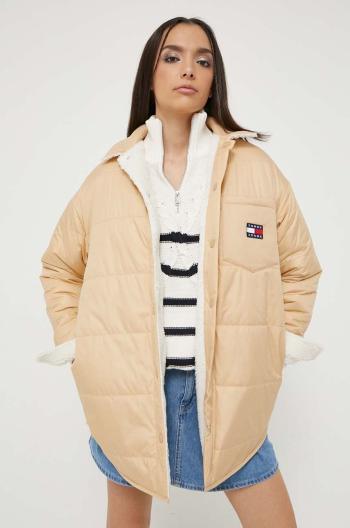 Obojstranná bunda Tommy Jeans dámska, béžová farba, prechodná, oversize