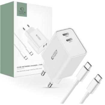 Tech-Protect C35W sieťová nabíjačka 2x USB-C 35W + kábel USB-C, biela