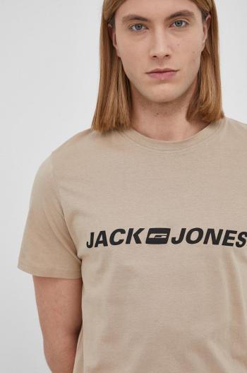 Bavlnené tričko Jack & Jones béžová farba, s potlačou