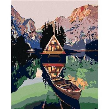 Maľovanie podľa čísel – Pramica pri chatke na jazere v horách (HRAmal00194nad)