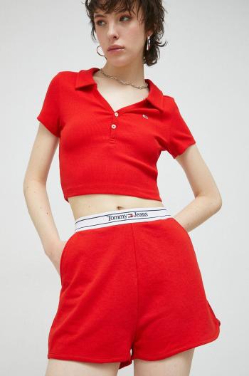 Šortky Tommy Jeans dámske, červená farba, jednofarebné, vysoký pás