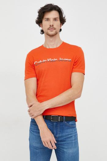 Bavlnené tričko Calvin Klein Jeans oranžová farba, s potlačou
