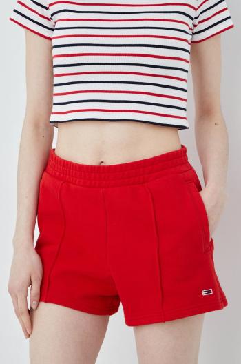 Bavlnené šortky Tommy Jeans dámske, červená farba, jednofarebné, vysoký pás
