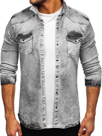 Sivá pánska riflová košeľa s dlhými rukávmi Bolf R709