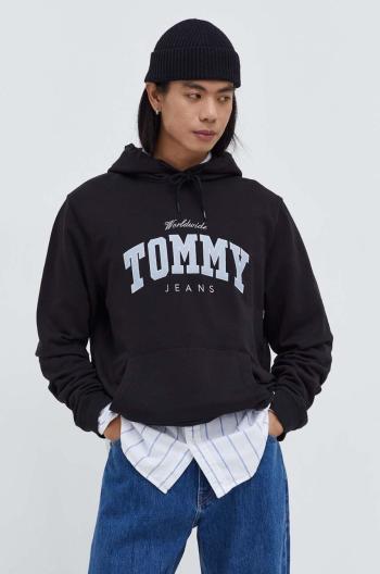 Bavlnená mikina Tommy Jeans pánska,čierna farba,s kapucňou,s nášivkou,DM0DM18401