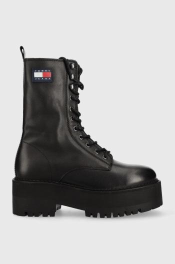 Kožené workery Tommy Jeans Tommy Jeans Flatform Padded Boot dámske, čierna farba, na platforme